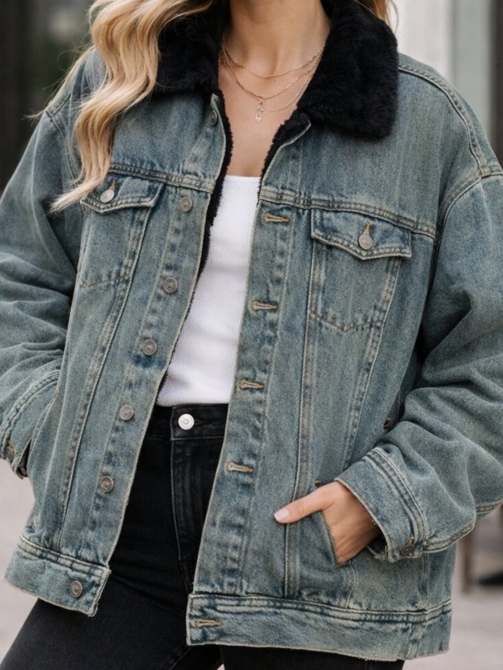 Swee Lo Vintage Denim Jacket with Real Rabbit Fur Trim and Interior Size Medium
